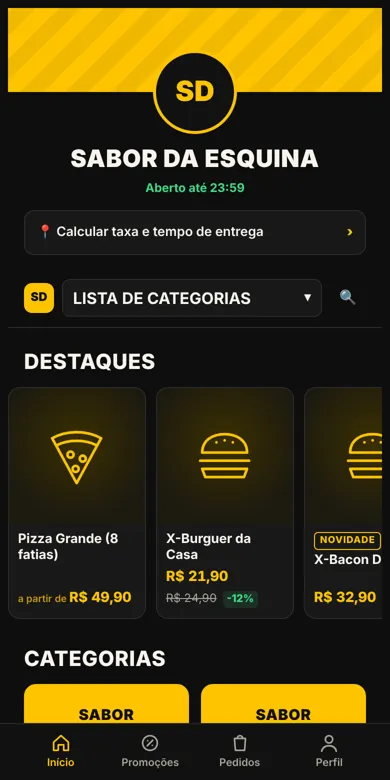 Início do cardápio no celular