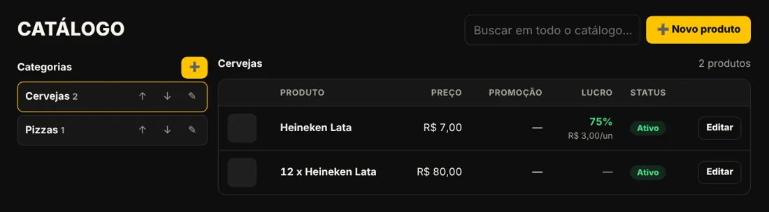 Catálogo com categorias e produtos