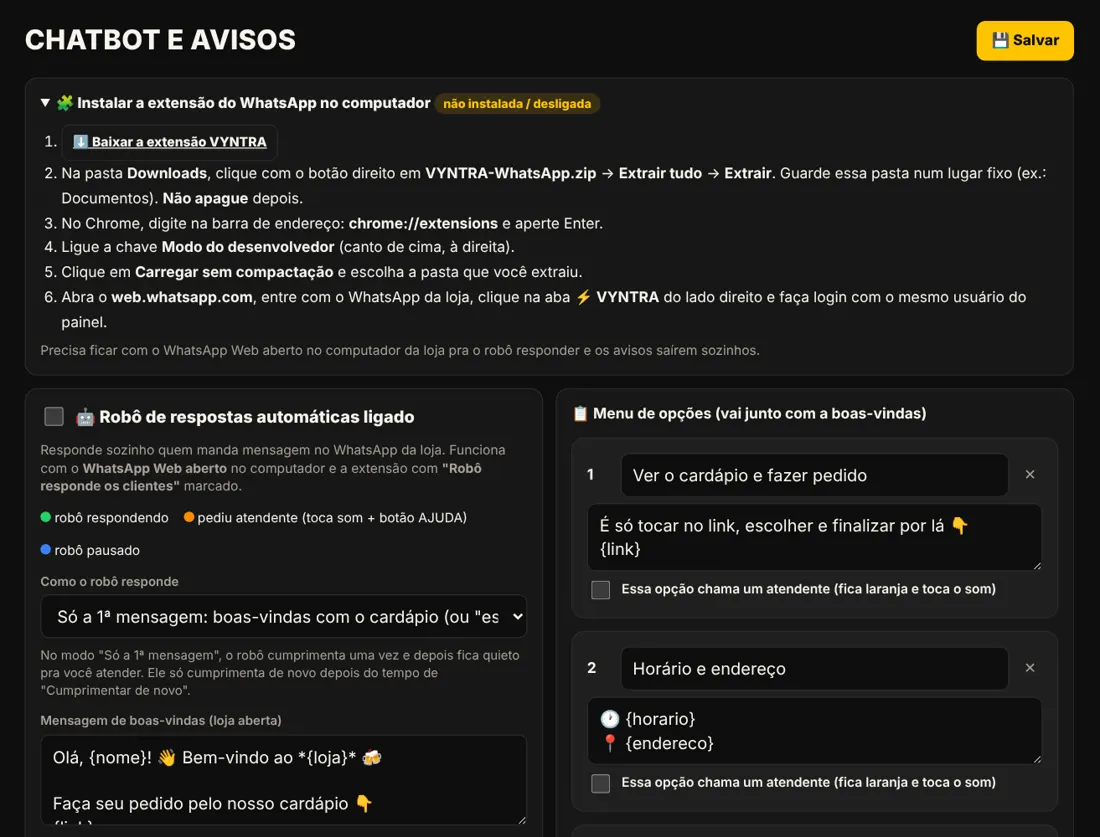 Tela do chatbot com o passo a passo da extensão