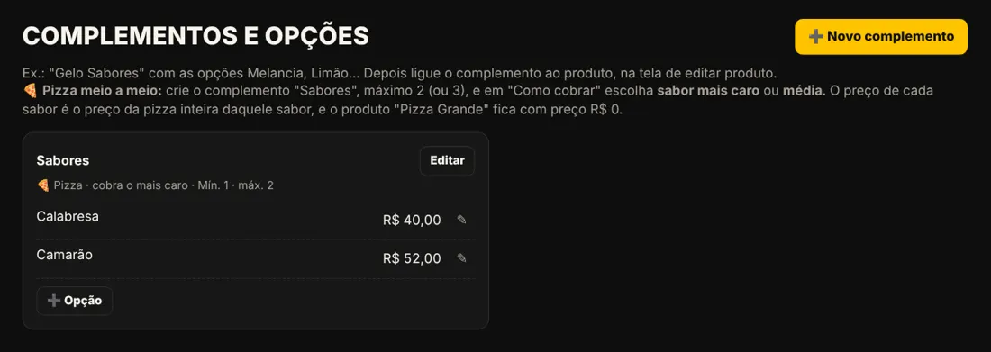 Tela de complementos com sabores de pizza