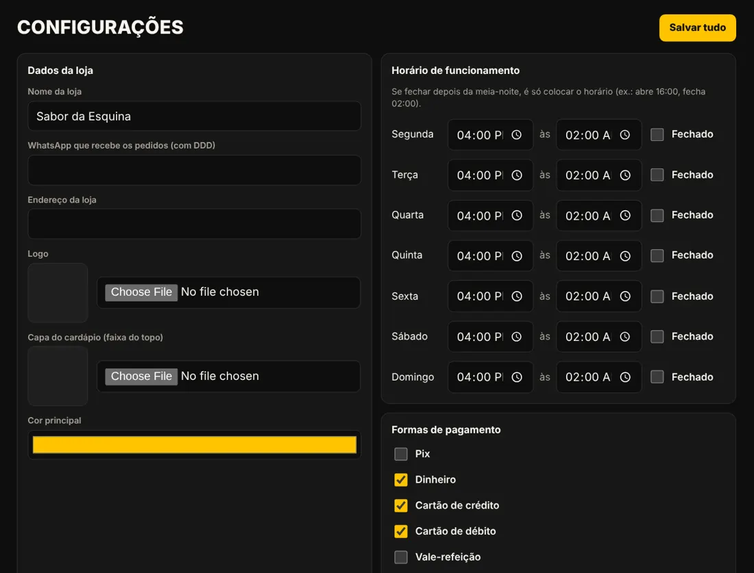 Tela de configurações com dados da loja, horários e formas de pagamento