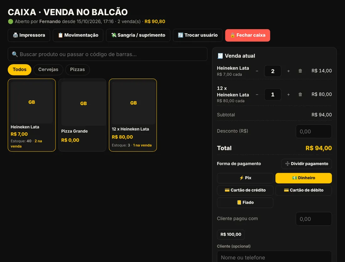Tela do caixa com venda em andamento