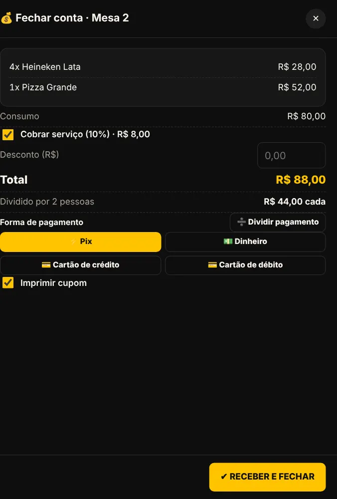 Fechar conta da mesa