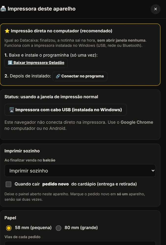 Janela de configuração da impressora