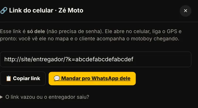 Link do celular do entregador