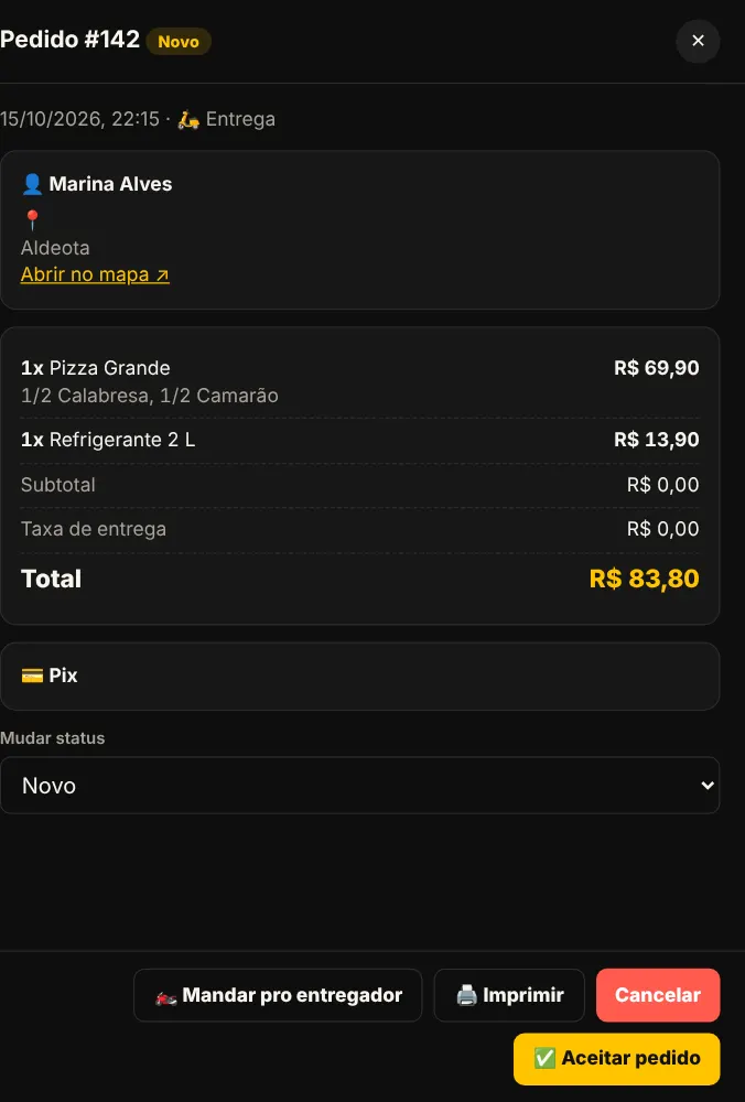 Detalhes de um pedido com botões de ação