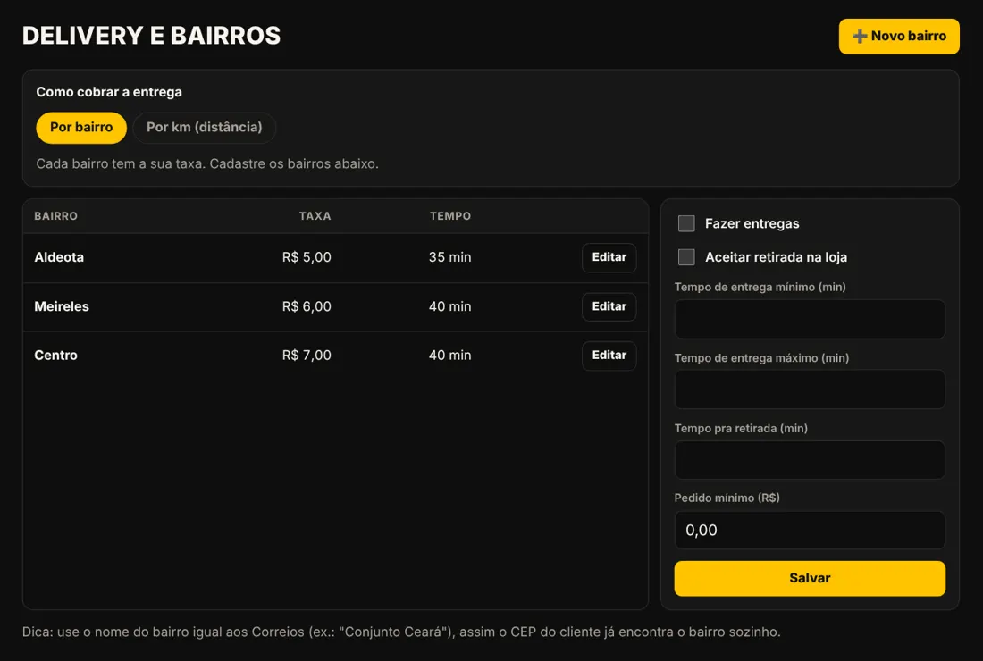 Tela de delivery e bairros