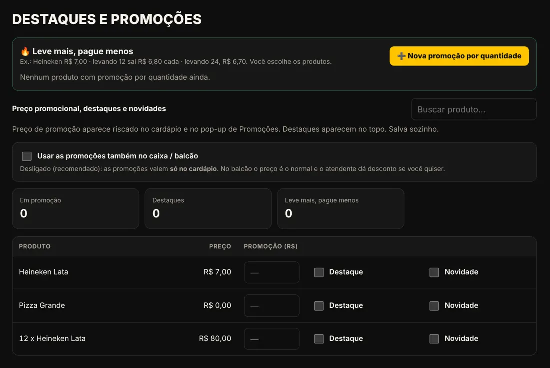 Tela de destaques e promoções