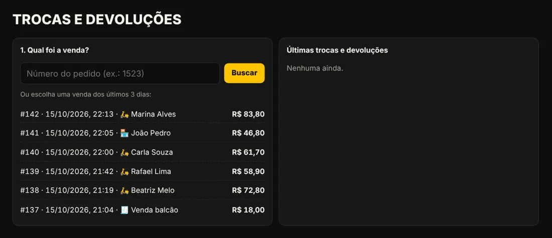 Tela de trocas e devoluções