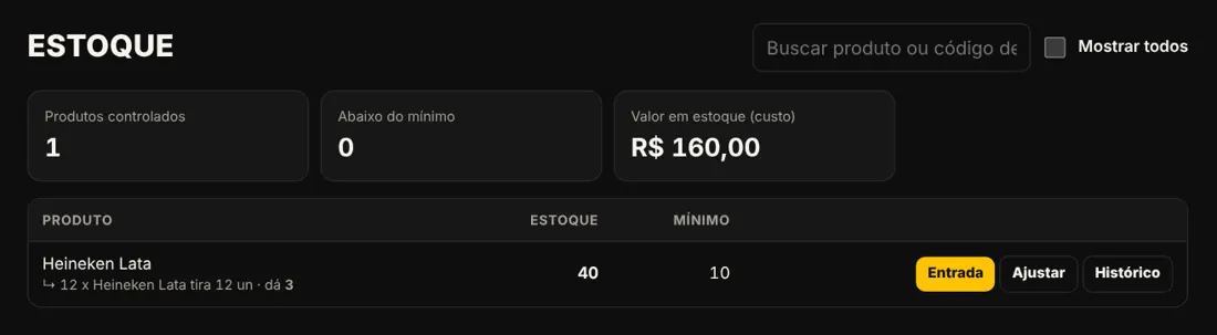 Tela de estoque