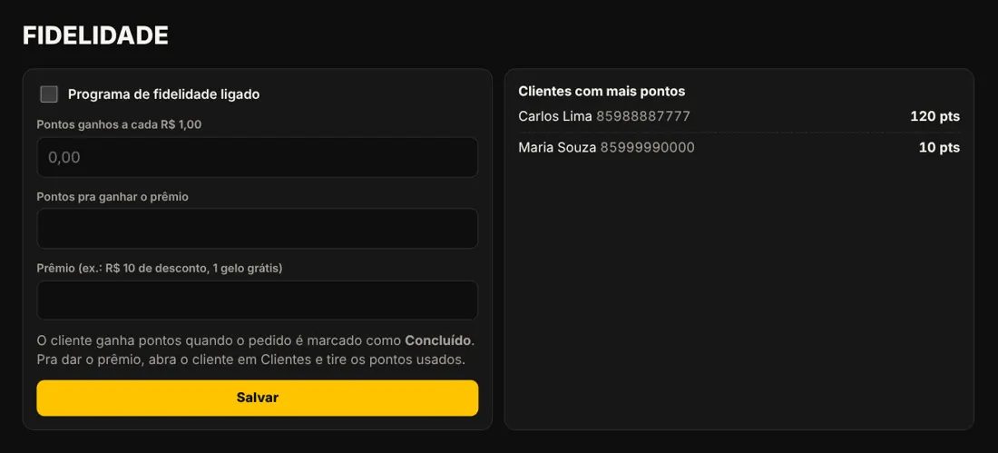 Configuração da fidelidade