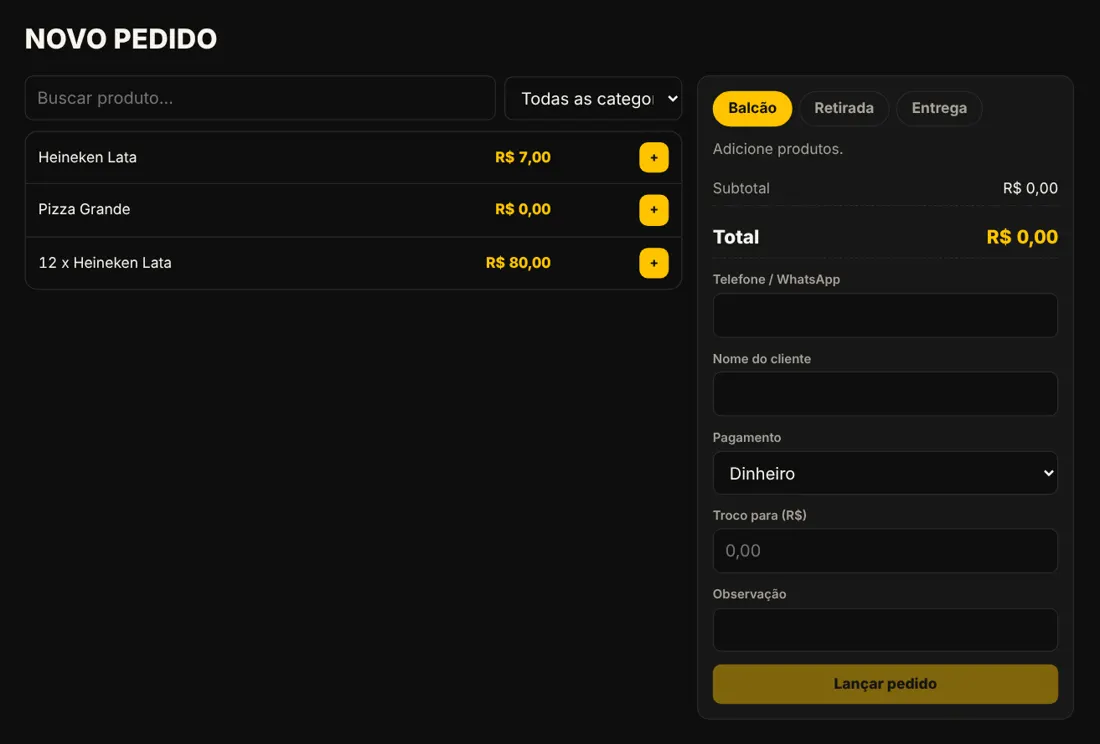 Tela de novo pedido por telefone