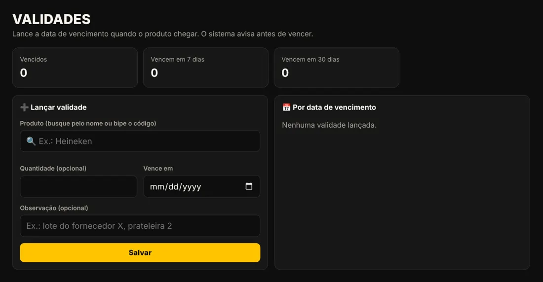 Tela de validades